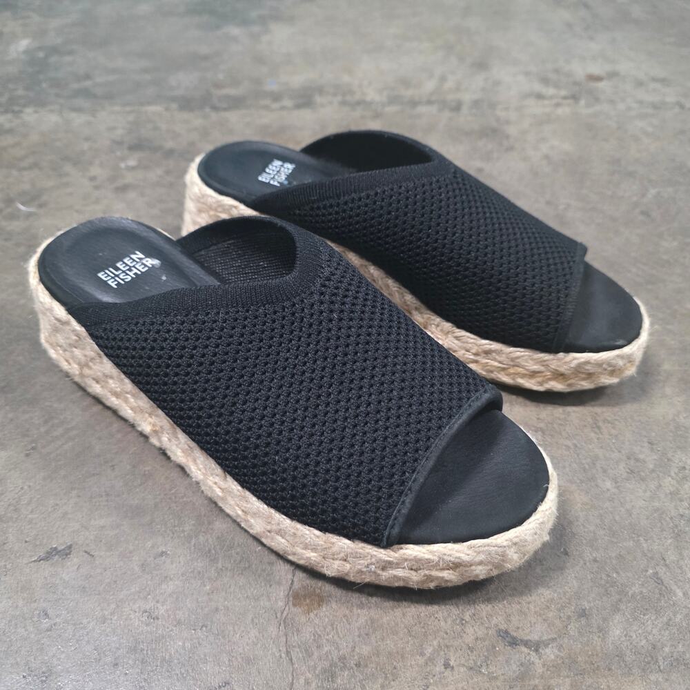Eileen Fisher Wedge Sandals Tali US 8 black espadrille EUC stretch recycled